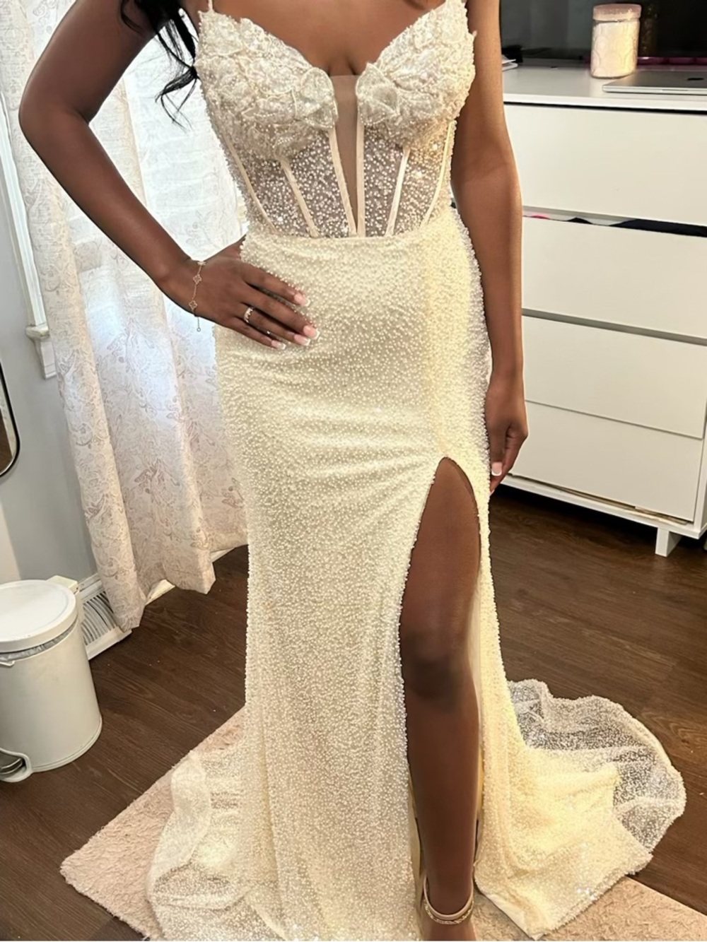 Sherri Hill Ivory Beaded Prom Gown with Corset Bodice and High Slit - Picture 2 of 6